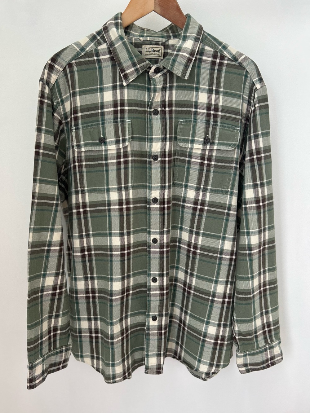 L.L.Bean 100% Cotton Plaid Button-Up Shirt | Green + Cream + Burgundy Approx. XL